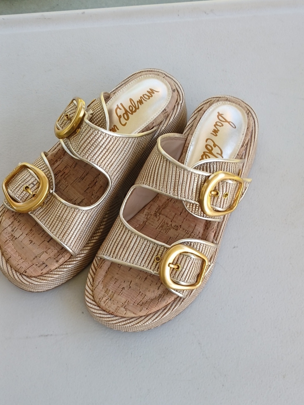 Sam Edelman Nerissa Metallic Gold Cork Slide Sandals with Buckles